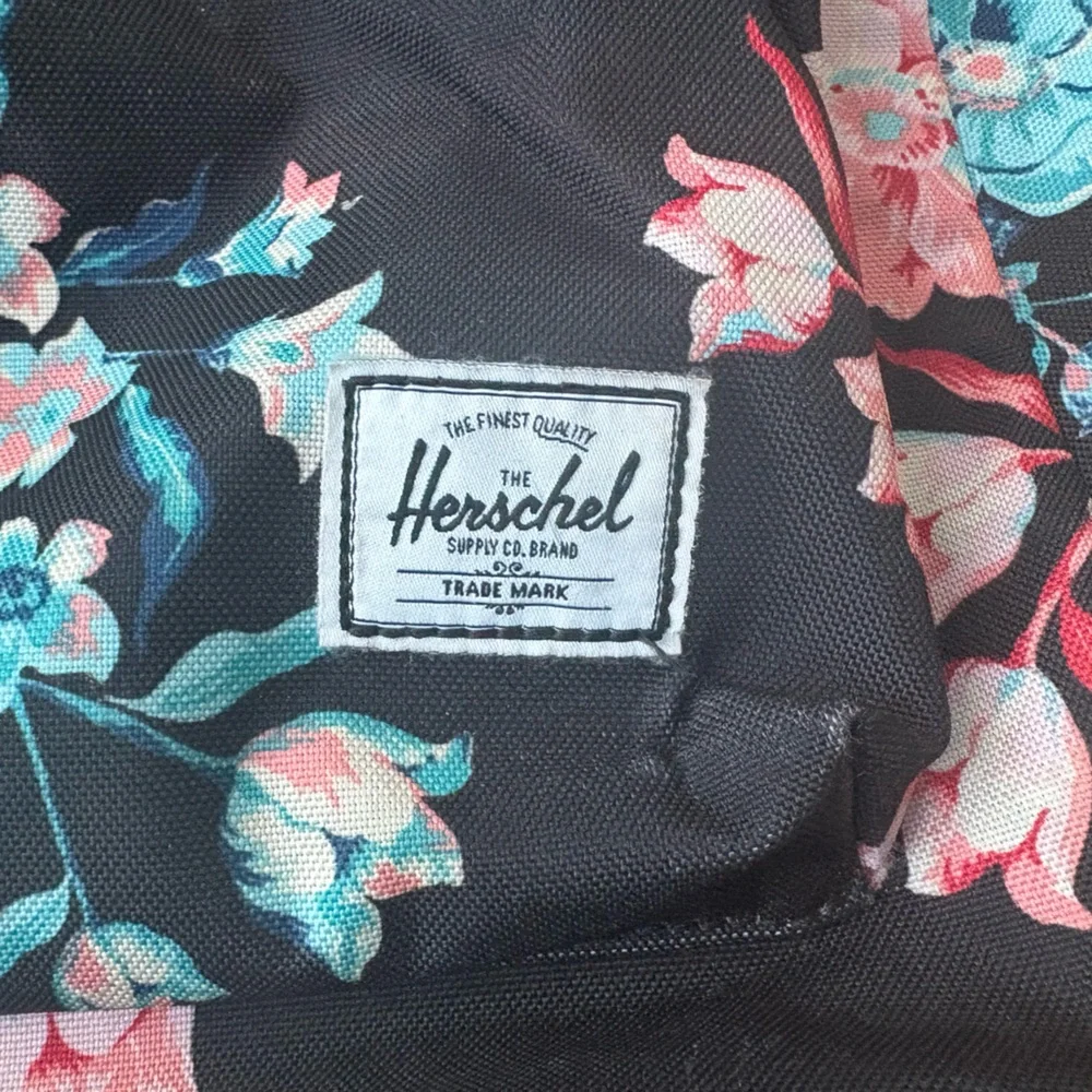 Herschel Backpack Black w/ Multicolor Floral Pattern Striped Lining Front Pocket